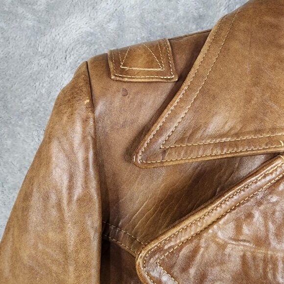 Vintage Leather Jacket Mens 42 Long Glazed Nappa Double Breasted Car Coat 70s - Picture 13 of 15
